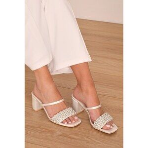 Lulus Karcen Ivory Satin Pearl Rhinestone High Heel Slide Sandals White